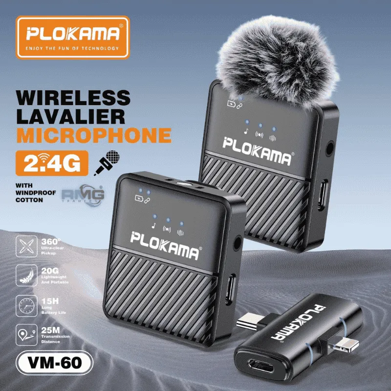 Microphone sans fil plokama vm60 avec 2 micros connectivité type C et Iphone