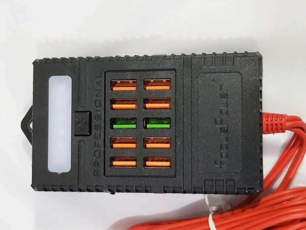 Chargeur de téléphone portable avec prise crocodile et sorties : 10 ports USB + lampe LED 3 W + micro USB + prise Sony
